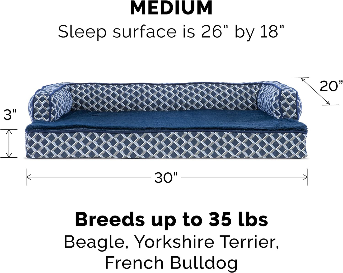Luxurious Memory Foam Dog Bed with Removable Bolsters - Ideal for Medium Dogs up to 35 Lbs - Plush Diamond Blue Design for Ultimate Comfort and Style
