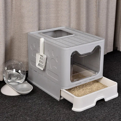 Discover the XXL Large Space Foldable Cat Litter Box – Ultimate Comfort with Front Entry & Top Exit!