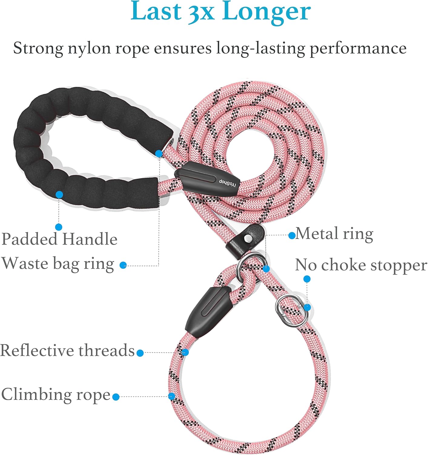Premium Baby Pink Slip Lead Dog Leash with Padded Handle - Reflective, No Pull Training Solution for Small Dogs (3/8" x 6 FT)